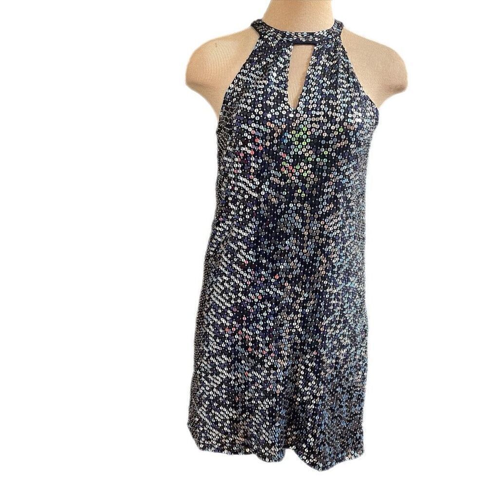 PARKER Sequin Beaded Aquarius Blue Keyhole Halter Cocktail Dress Evening Size 4